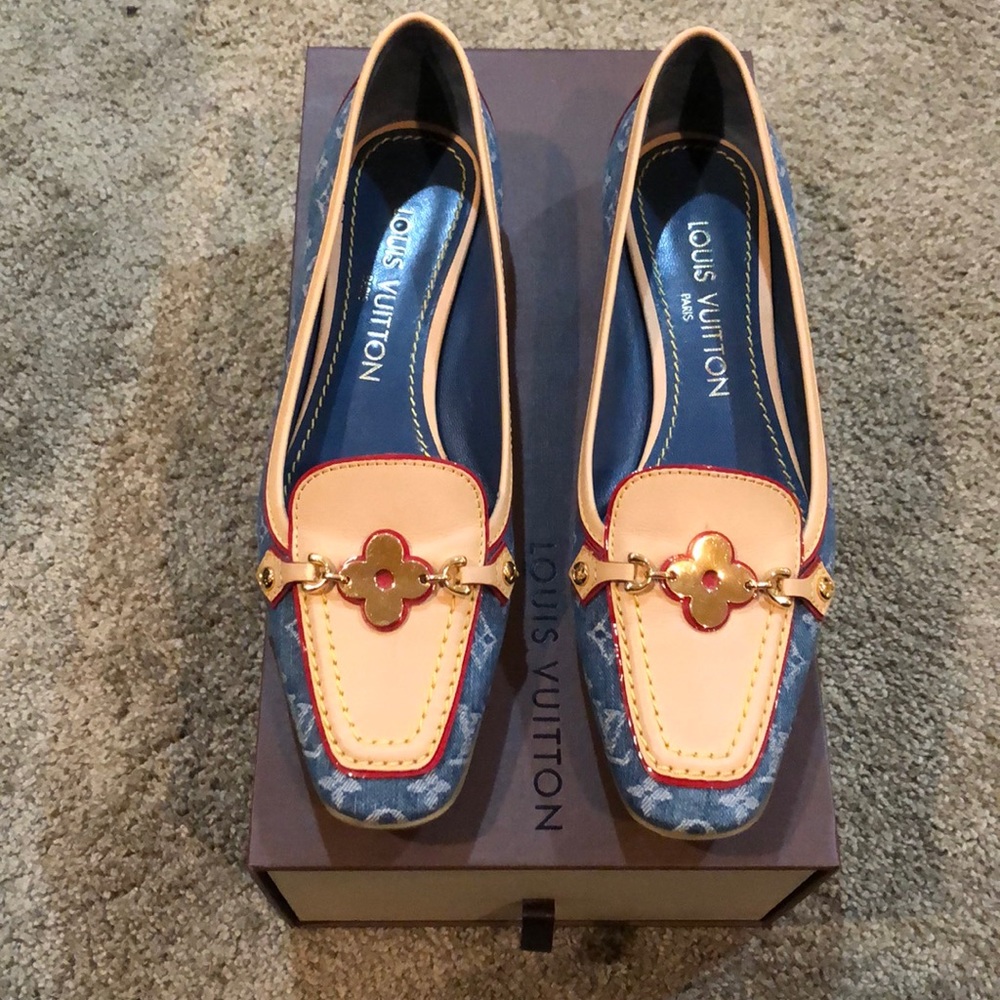 Louis Vuitton denim and tan loafers